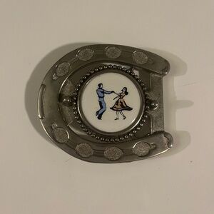 Vintage Western Dancers Horseshoe Belt Buckle Pink and Blue